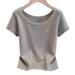 Women's Grey Short Sleeve Knitted T-Shirt Slim Fit Beautiful Top Petite Spring Summer New_ecoleips.com