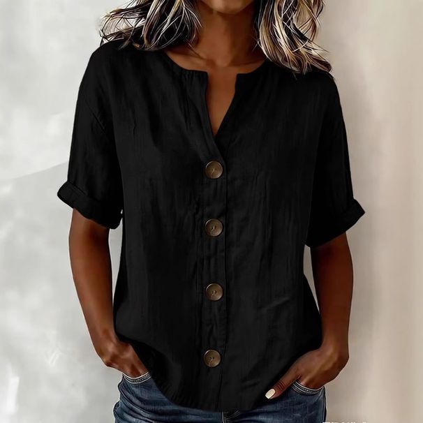 Women's V Neck T-Shirt Loose Fit Solid Color Button Detail Summer Top American Style_ecoleips.com