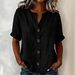 Women's V Neck T-Shirt Loose Fit Solid Color Button Detail Summer Top American Style_ecoleips.com