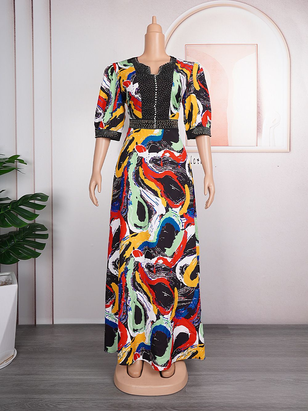 Women's Clothing Plus Size Clothes"Elegant Print Dress With Rhinestone & Beaded Details - Flowy Full Skirt For Women, Tribal & Boho Style, Summer_ecoleips.com