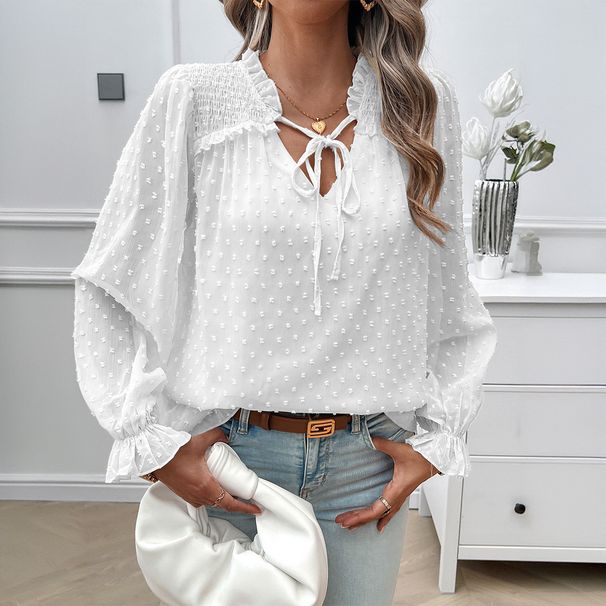 DiYun Eurean And American Jacquard Shirt For Women 2023 Autumn/Winter Elegant V-Neck Long Sleeve_ecoleips.com