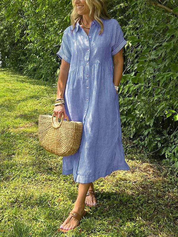Aria Basics Aria Basics European And American Cross-Border Loose Plus Size Striped Short Sleeve Shirt For Women Summer New Casual Cotton Linen_ecoleips.com