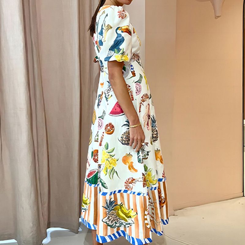 Women's Elegant Commuter Sweet Printed Round Neck Flared Short Sleeve Dress_ecoleips.com