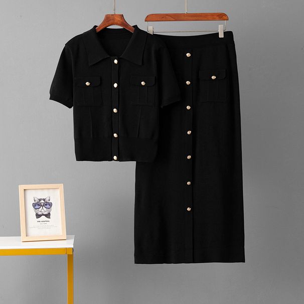 Elegant French-Inspired Knitted Two-Piece Set For Women - Polo Collar Top & Slim Midi Skirt (Black/Khaki/Apricot, One Size Fits All)_ecoleips.com