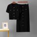 Elegant French-Inspired Knitted Two-Piece Set For Women - Polo Collar Top & Slim Midi Skirt (Black/Khaki/Apricot, One Size Fits All)_ecoleips.com
