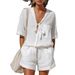 Women's Solid Color Casual Two Piece Set With Pockets Drawstring V Neck Loose Fit Short Sleeve Top And Shorts_ecoleips.com