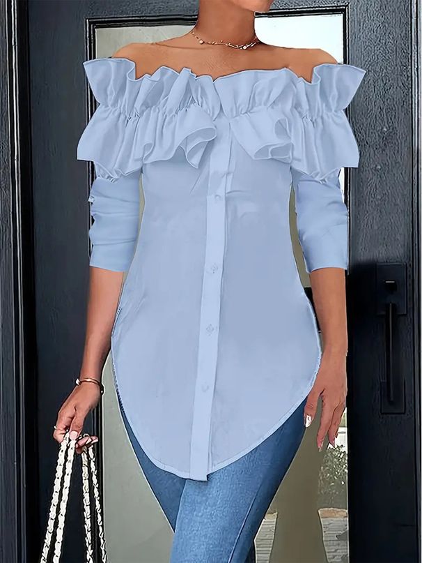 Women's Clothing Simple Solid Color One Shoulder Ruffled Shirt Tops For Women_ecoleips.com