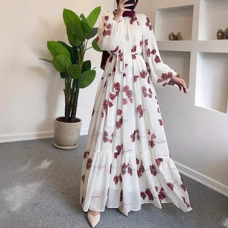 Ladies Fashion Elegant Holiday Round Neck Chiffon Flower With Belt Long Dress_ecoleips.com