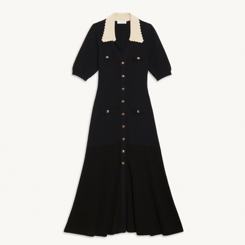 Women's Clothing Autumn New White Lapel Lace Short Sleeve Slim Gold Button Long Knitted Dress Female Temperament_ecoleips.com