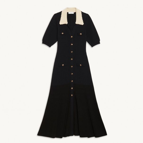 Women's Clothing Autumn New White Lapel Lace Short Sleeve Slim Gold Button Long Knitted Dress Female Temperament_ecoleips.com
