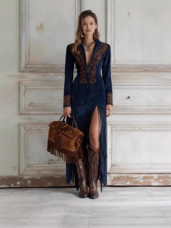 Women's Retro Ethnic Style Tassel Floral Zipper Dress Long Skirt Spring Autumn_ecoleips.com