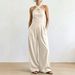 Women's Clothing Elegant Off-Shoulder Sleeveless Crossover Halter Jumpsuit Solid Color Woven Striped Waist Cinching Wide Leg Pants For Women Summer_ecoleips.com