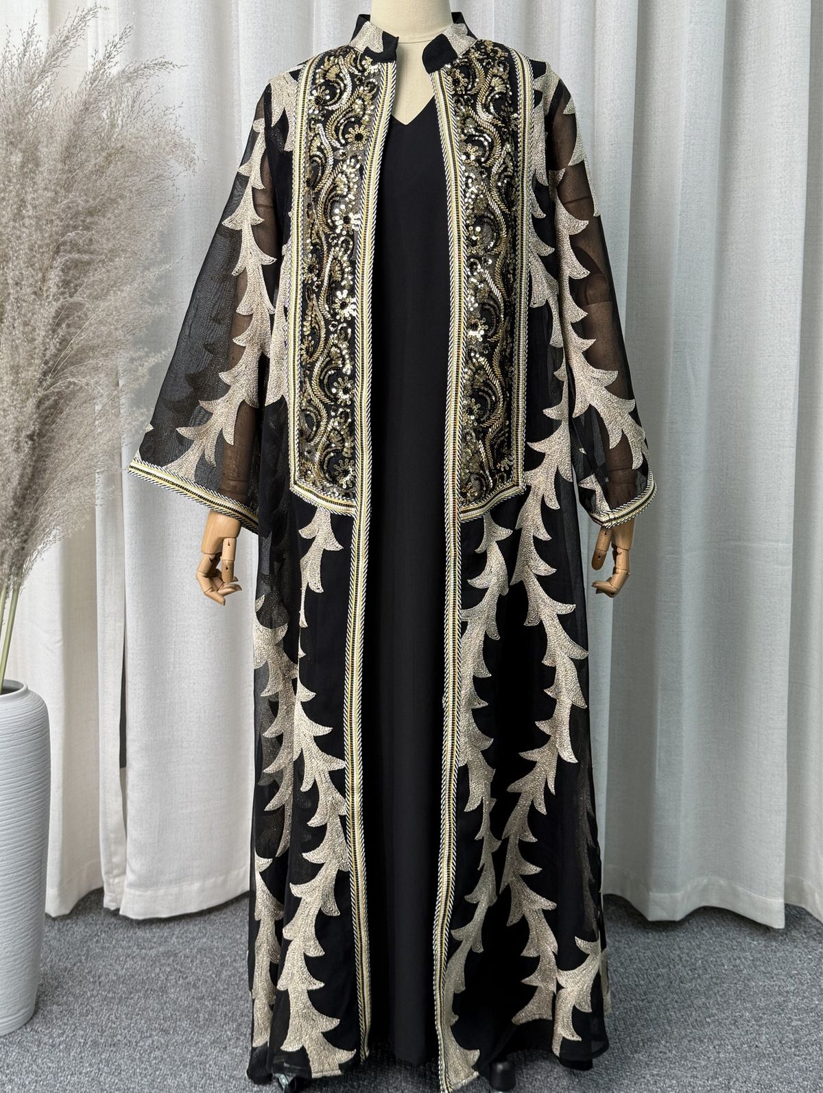 Modest Abaya Dress Muslim Dress Women Luxury Embroidered Abaya Set – Dubai-Inspired Mesh & Ribbon Detailing Two-Piece Outfit (M-XXL, Black)_ecoleips.com