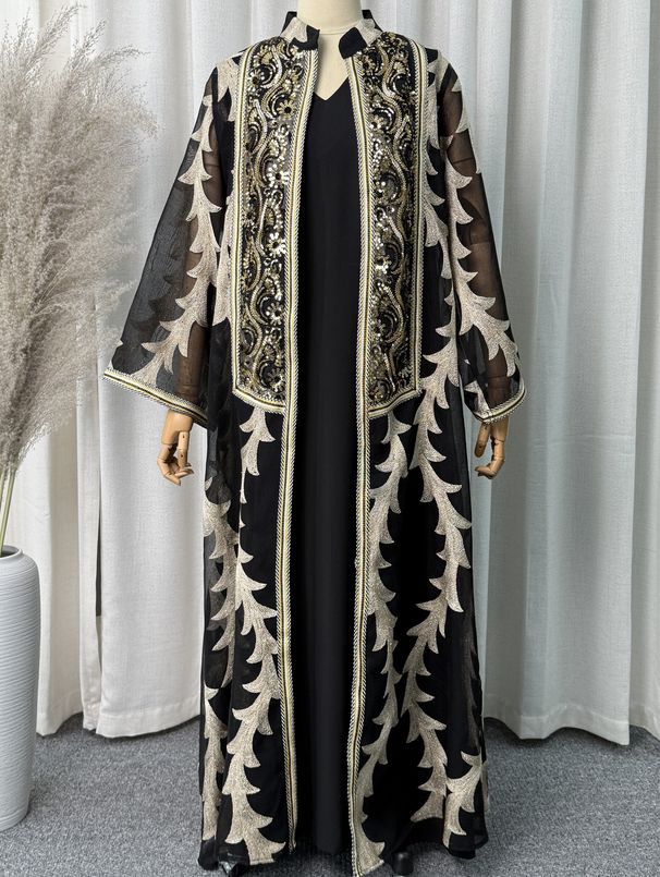 Modest Abaya Dress Muslim Dress Women Luxury Embroidered Abaya Set – Dubai-Inspired Mesh & Ribbon Detailing Two-Piece Outfit (M-XXL, Black)_ecoleips.com