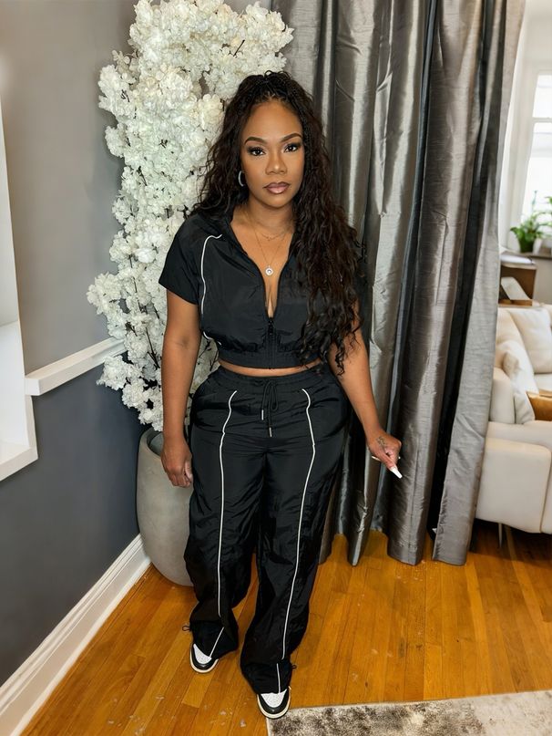 Women's Stylish Contrast Stitch Woven Top & Wide Leg Elastic Waist Pants Set - Trendy Two-Piece Outfit For Casual & Streetwear_ecoleips.com