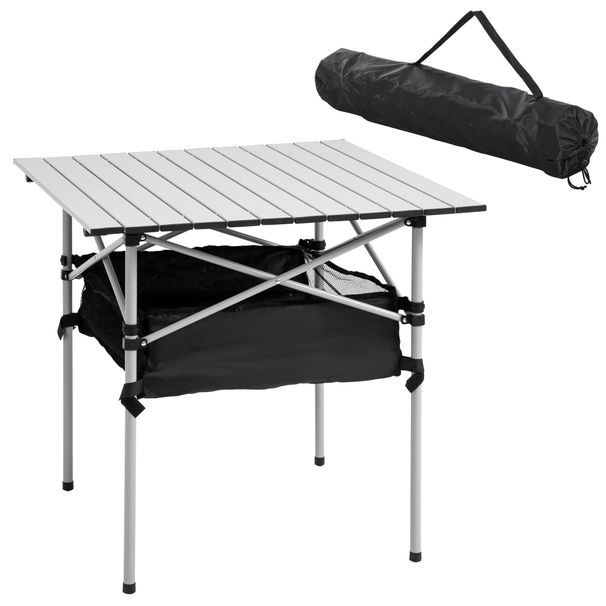 Mesa De Camping Plegable Con Almacenaje De Malla Y Bolsa De Transporte Para Exterior Jardín Y Picnic 70x70x69 Cm Plata_ecoleips.com