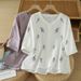 Women's Chinese Style Embroidered Cardigan Shirt Loose Fit Cotton Linen Blouse V-Neck 3/4 Sleeve Summer Top Versatile_ecoleips.com