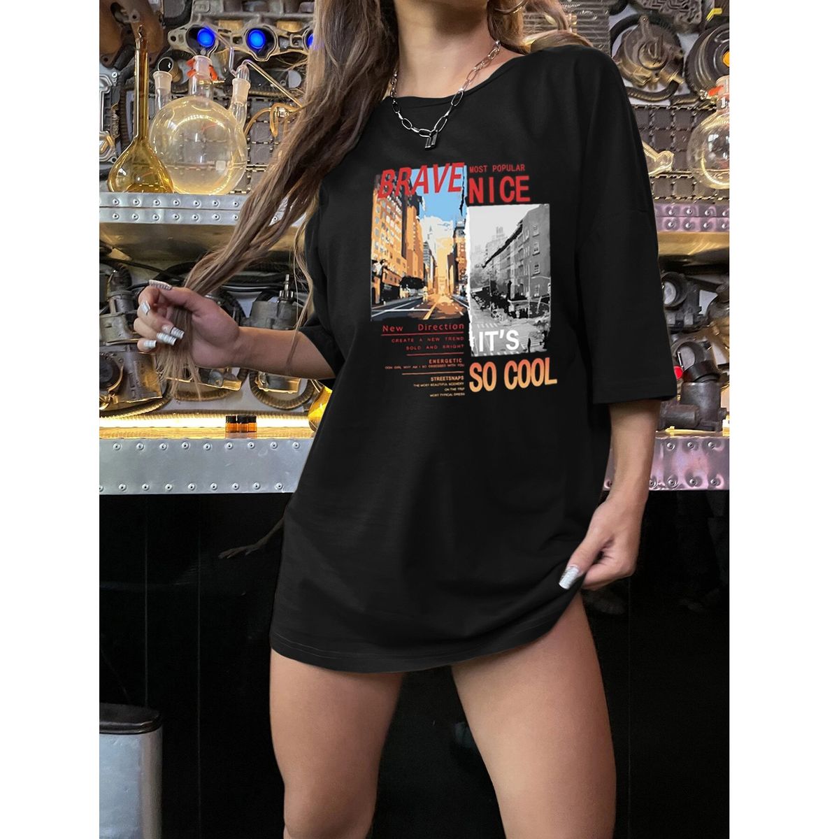 Women's Casual Black T-Shirt round Neck Short Sleeve Breathable Cotton Polyester Top Loose Fit Print Design for Spring/Autumn_ecoleips.com