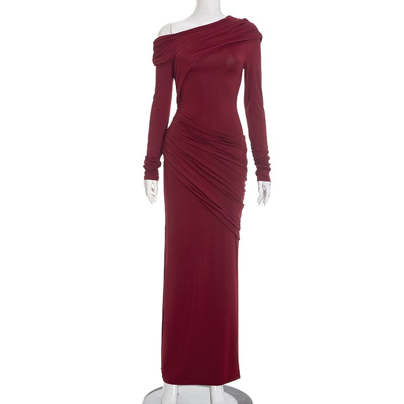 Women's Elegant Slim Fit Pleated Dress American Style Solid Color Asymmetrical Neckline For Autumn Winter_ecoleips.com