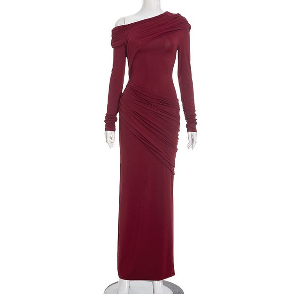 Women's Elegant Slim Fit Pleated Dress American Style Solid Color Asymmetrical Neckline For Autumn Winter_ecoleips.com