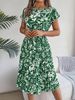 Elegant Floral Short Sleeved Pleated Dress Women Round Neck Medium Long Spring Summer Causal A Line Dress_ecoleips.com
