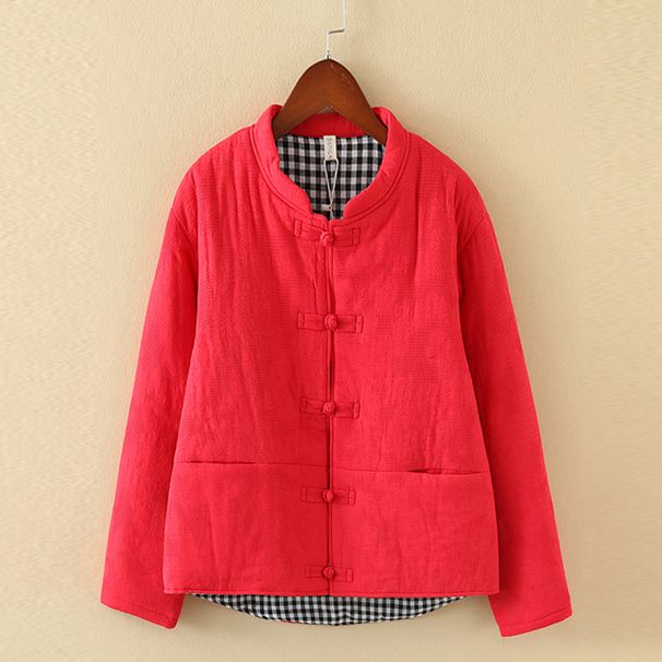 girl Retro Button For Women Winter Linen Chinese Style Loose Thin One-Piece Cotton Padded Jacket_ecoleips.com