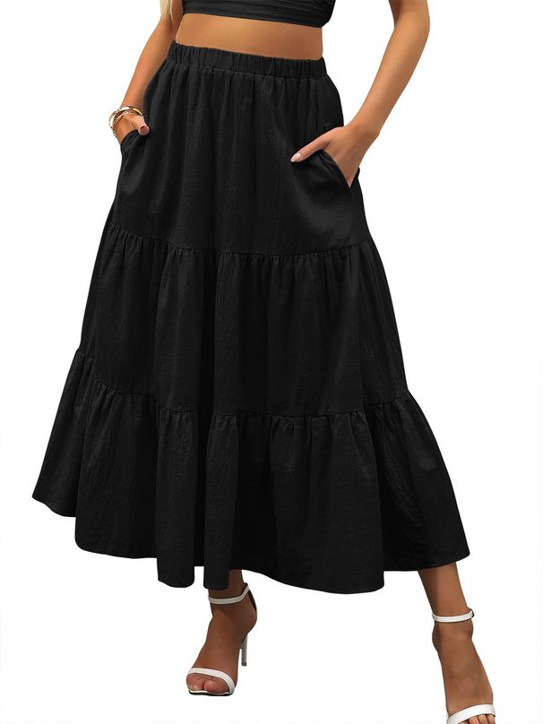 Women's Summer Bohemian Pleated A-Line Flared Tiered Midi Skirt With Pockets, Flowy & Swishy 2026_ecoleips.com