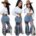 "Houndstooth Stitched Trumpet Denim Pants - Ruffled Hem & Vintage Flare (Light Blue/Dark Blue/Black, S-3XL)"_ecoleips.com