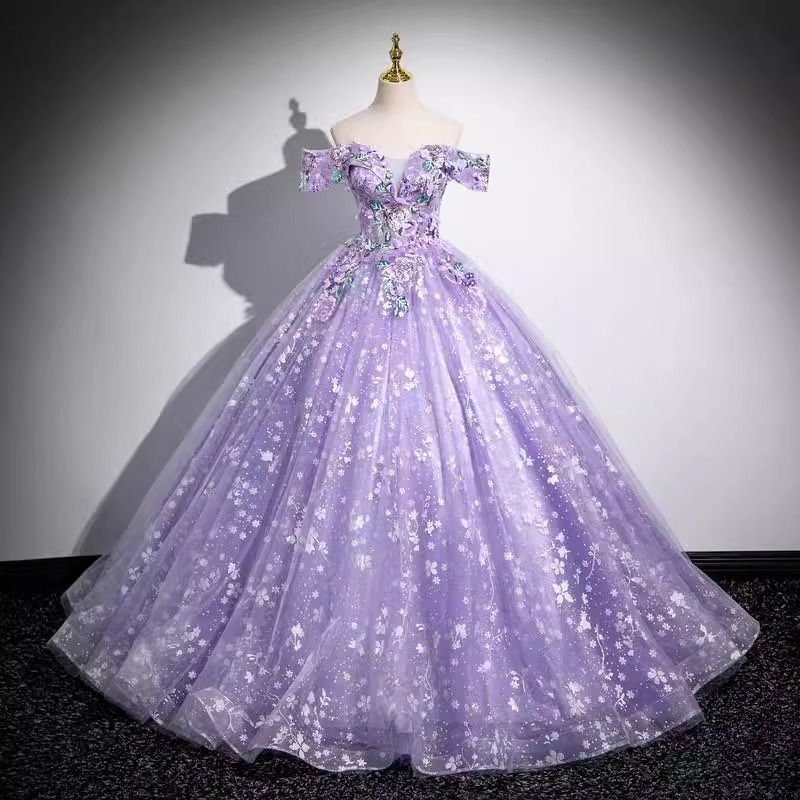 Women's Clothing Elegant Off-Shoulder Purple Ball Gown For Vocal Performances & Galas – Flowing Tulle Dress With Corset Lacing (Violet, XS-XXXL)_ecoleips.com