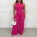 Women's Clothing Rose Red Halter Vest Set Waist Tie Wide Leg Pants_ecoleips.com
