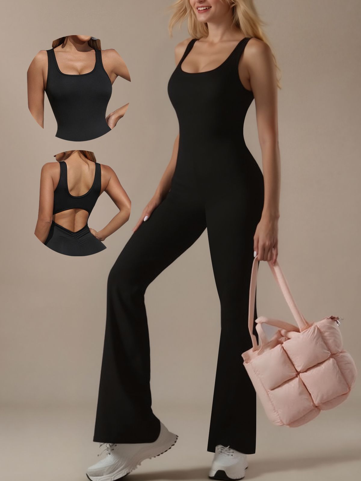 Women's Clothing Women's Solid Color V Neck Lace Trim Halter Neck Yoga Sports Jumpsuit Tight Fit Flare Pants Sportswear_ecoleips.com