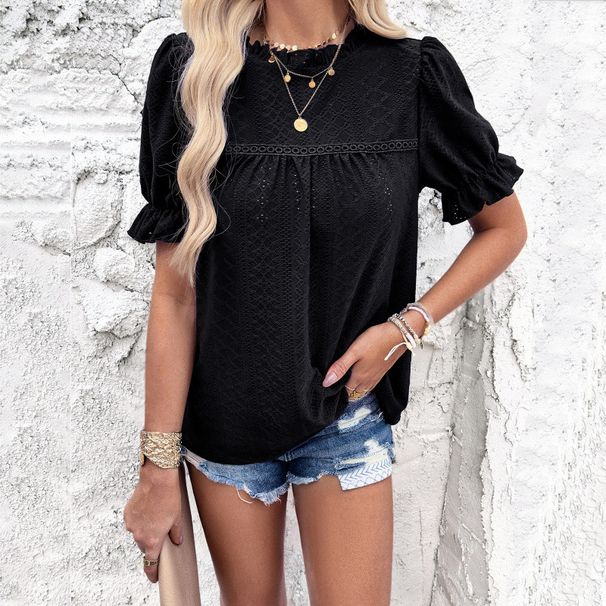 Women's T-Shirt Spring And Summer Casual Solid-Color Short-Sleeved Cutout Top_ecoleips.com