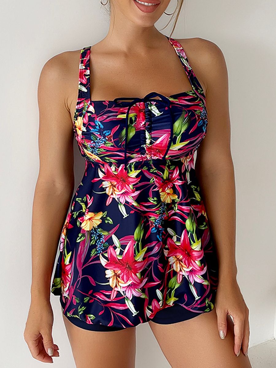 2026 Floral Printed Tankini Set Two Piece Swimsuit Short Women Drawstring Swimwear Female Bathing Suit Beachwear Swimming Summer_ecoleips.com