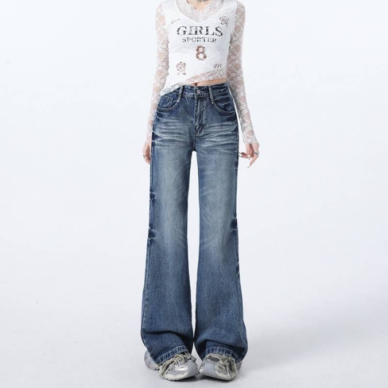 Wholesale High-gloss Blue American Retro Low-waist Flared Straight Jeans For Women, Loose And Slimming, Floor-length_ecoleips.com