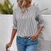 Women's Clothing New Fashion Blue Striped Button Design Shirt Top_ecoleips.com
