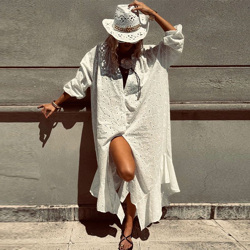 Fashion Women's V-neck Button White Dress Simple Long Sleeved Ruffle Pleated Holiday Dress Summer Beach Hollow Embroidery Dress_ecoleips.com