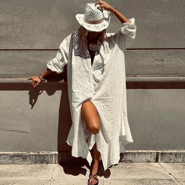 Fashion Women's V-neck Button White Dress Simple Long Sleeved Ruffle Pleated Holiday Dress Summer Beach Hollow Embroidery Dress_ecoleips.com