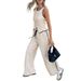 Women's Contrast Color Sleeveless Vest And Drawstring Trousers Set Single-Breasted European American Style Summer Pant Suit_ecoleips.com