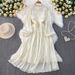 Korean Style Beaded Lantern Sleeve Stand up Collar Dress Waist Cinching a Line Glossy Beach Vacation Dress_ecoleips.com