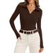 Women's Long Sleeved Casual Top European American Style V Neck Ribbed Knit Sweater Slim Fit Autumn Winter Top with Collar_ecoleips.com