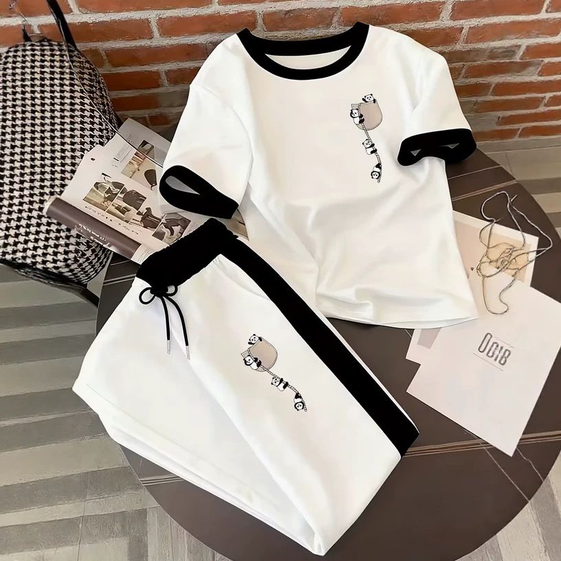 Women's Summer Thin Two-Piece Set Casual T-Shirt And Pants with Panda Print Pocket_ecoleips.com