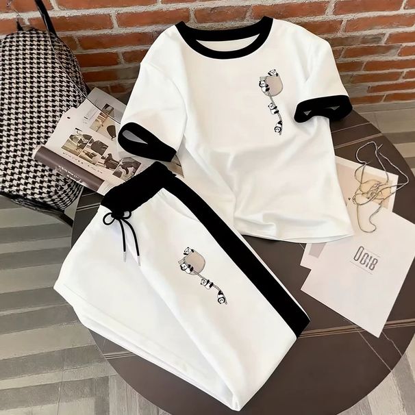 Women's Summer Thin Two-Piece Set Casual T-Shirt And Pants with Panda Print Pocket_ecoleips.com