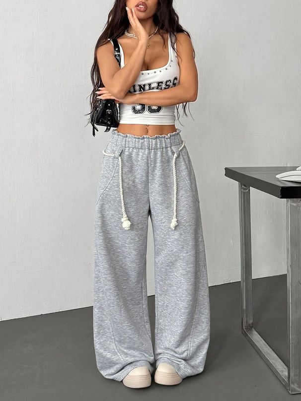 Women's High Waist Flared Joggers With Ruffle Detail & Drawstring - Soft Wide Leg Lounge Pants For Casual Wear_ecoleips.com
