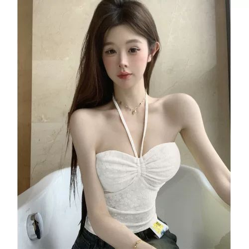 Purely Desirable Sweet And Spicy Girl Design Lace Strap Tank 2025 Dopamine Drawstring Halter Neck Strapless Top_ecoleips.com