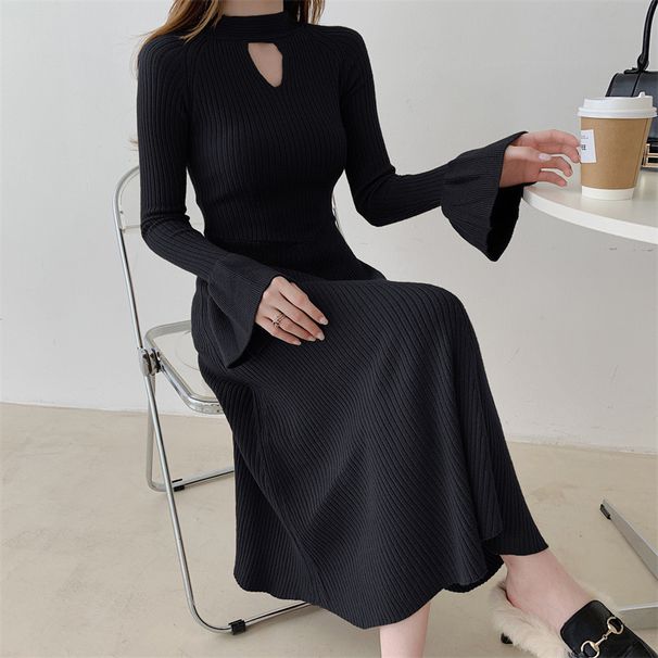 K Trendy Bell-sleeved V-neck Sweater Dress For Women; A Minority Design With A Slender Waist And Slimming Effect_ecoleips.com