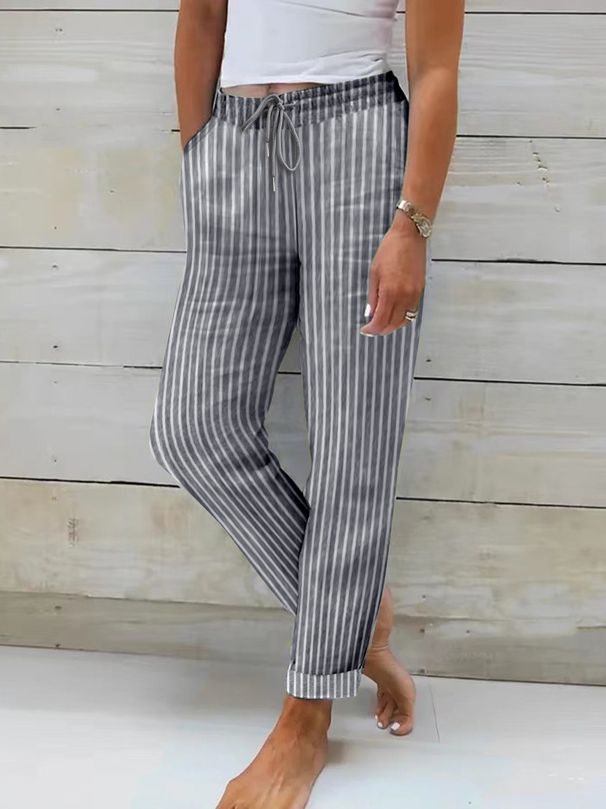 Women's Casual Striped Solid Color Cotton Linen Loose Long Pants Home Pants_ecoleips.com