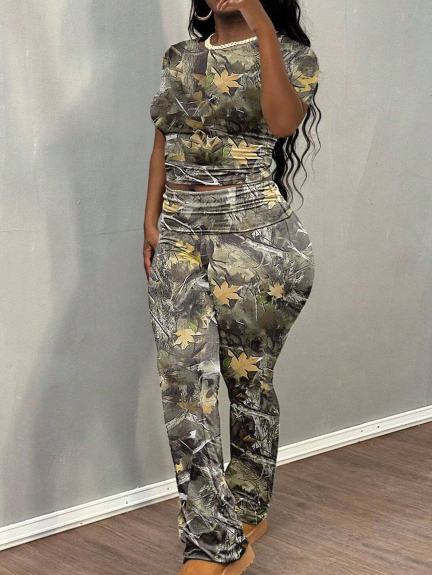 Women's Clothing Casual Fashion Random Printing Short Sleeved T Shirt Trousers Women's Suit_ecoleips.com