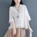 Diagonal Three-Button Short-Sleeved Pure Cotton Faux Two-Piece Shirt Women's Top With China-Inspired Retro Tea-Party Sty_ecoleips.com