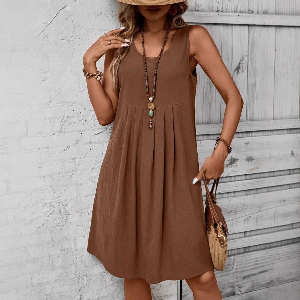 Spring/Summer Women's Pleated Sleeveless Crew Neck Casual Solid Color Cotton-Linen Dress A-Line Dress_ecoleips.com