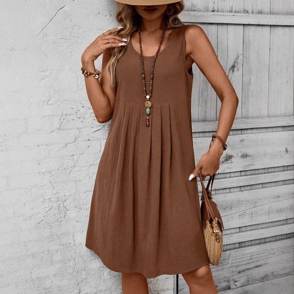 Spring/Summer Women's Pleated Sleeveless Crew Neck Casual Solid Color Cotton-Linen Dress A-Line Dress_ecoleips.com